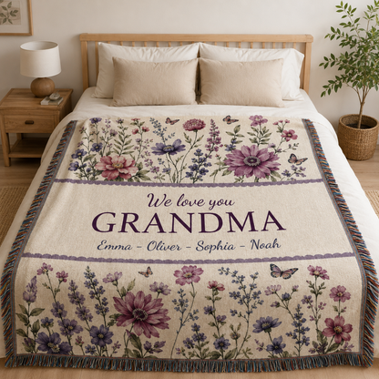 Personalized grandma wildflower woven blanket displayed on a cozy bedroom bed