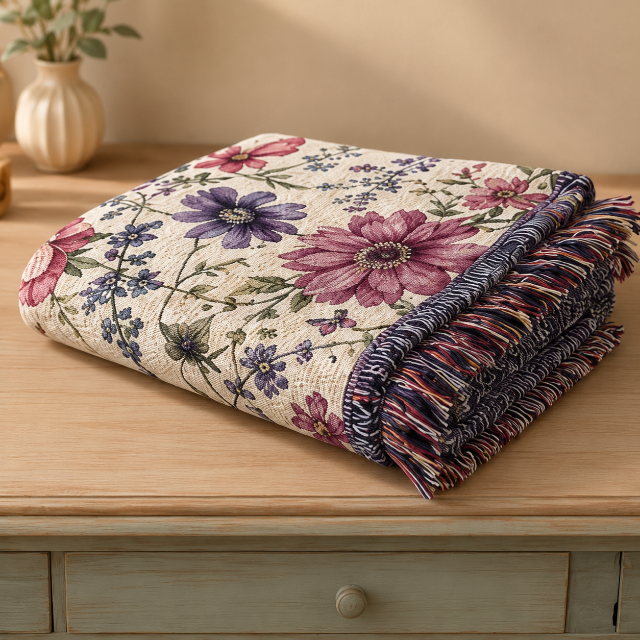 Folded personalized grandma wildflower woven blanket with floral pattern and fringed edges