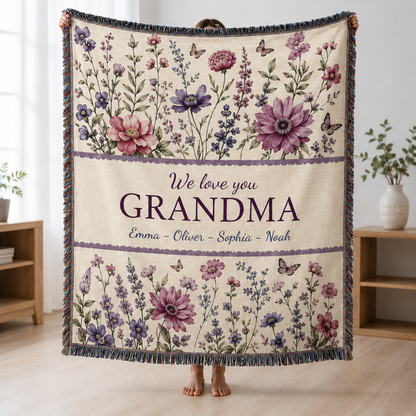 Personalized grandma wildflower woven blanket with custom grandkids names