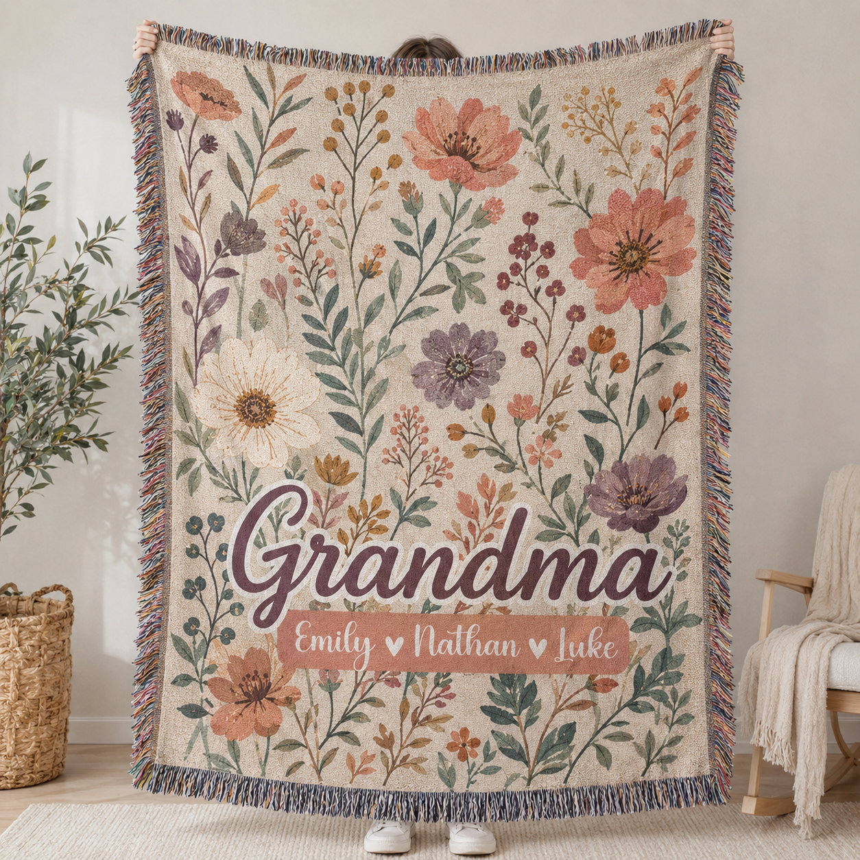 Personalized Grandma wildflower woven blanket with custom grandkids names