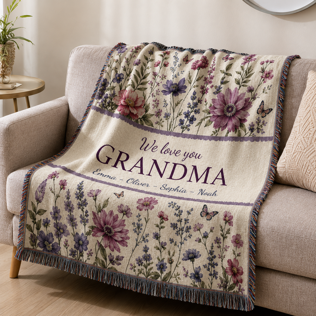 Personalized grandma wildflower woven blanket styled on a cozy sofa