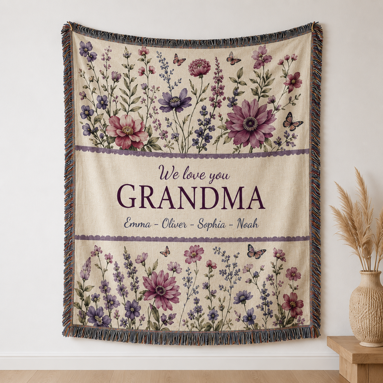 Personalized grandma wildflower woven blanket displayed as floral wall textile decor