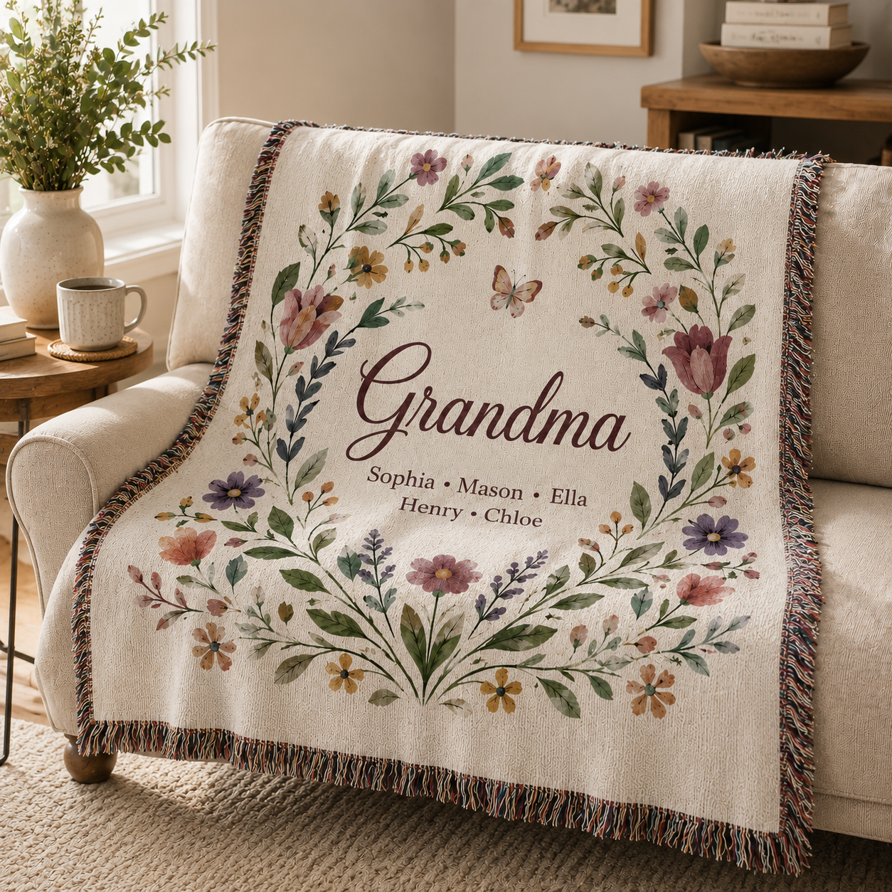 Custom Grandma woven blanket with floral wreath and grandkids names on cozy couch