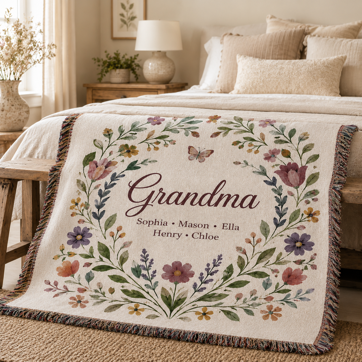 Personalized Grandma wildflower woven blanket styled in bedroom