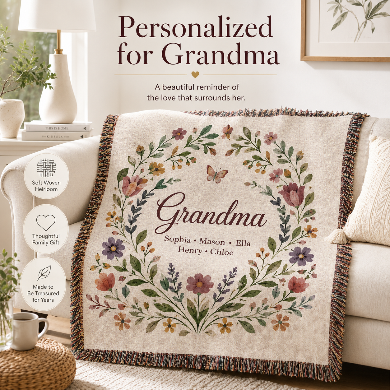 Personalized Grandma woven blanket gift features soft woven heirloom thoughtful family gift