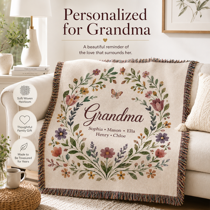 Personalized Grandma woven blanket gift features soft woven heirloom thoughtful family gift