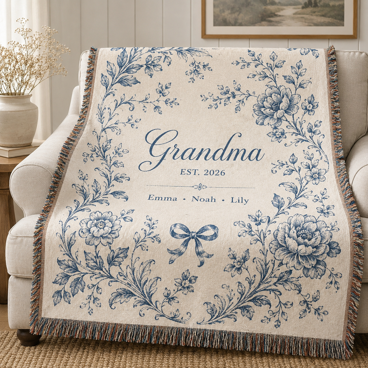 Personalized Grandma woven cotton blanket with blue botanical floral design and grandkids names