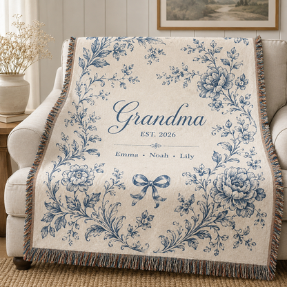 Personalized Grandma woven cotton blanket with blue botanical floral design and grandkids names
