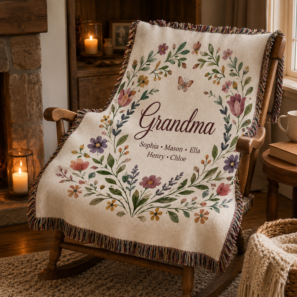 Custom Grandma woven blanket on rocking chair with cozy home decor