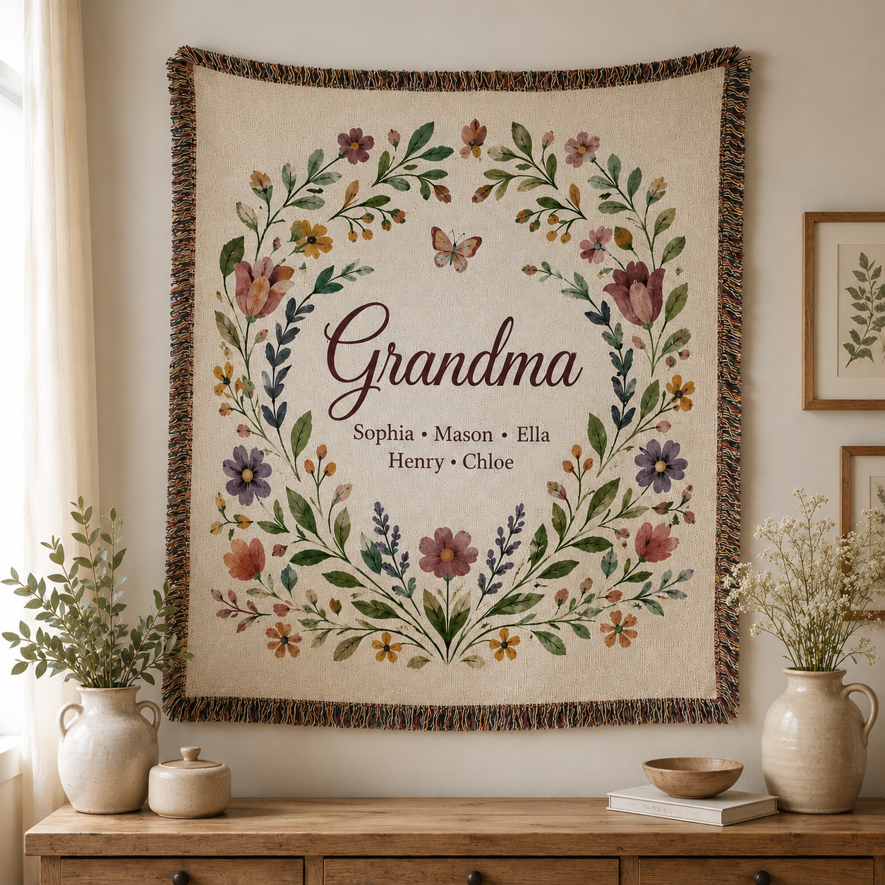 Personalized Grandma floral woven blanket displayed as wall decor