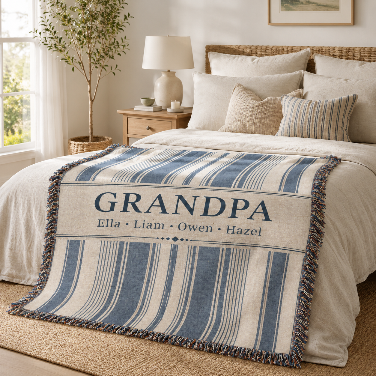 Personalized Grandpa striped woven blanket styled on a cozy bed