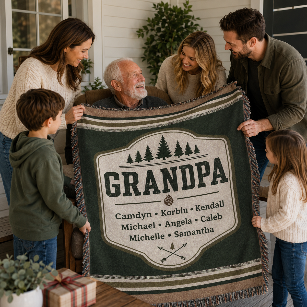 Family presenting a personalized Grandpa woven blanket as a meaningful gift