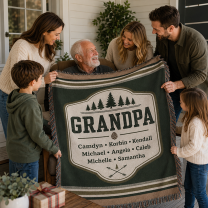 Family presenting a personalized Grandpa woven blanket as a meaningful gift
