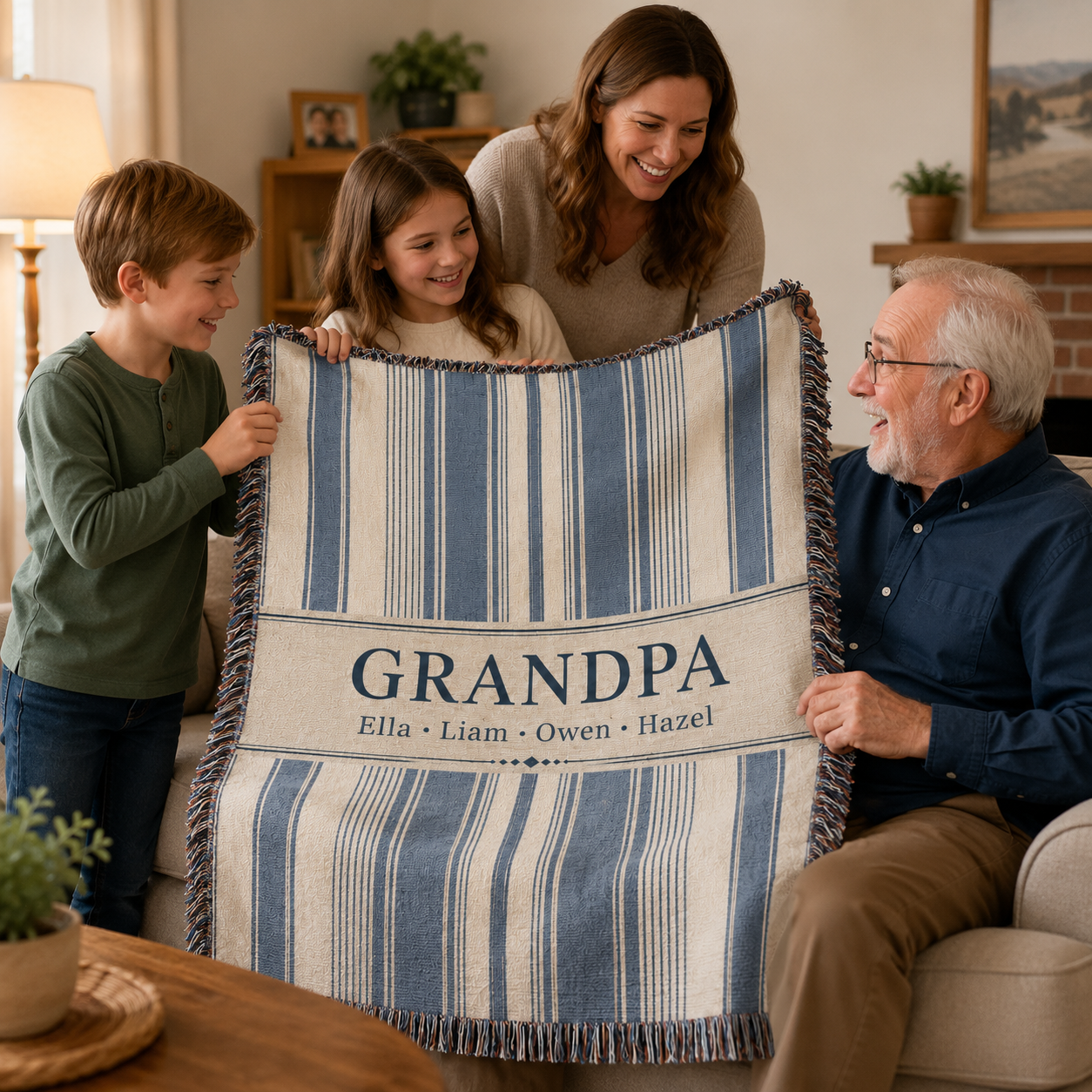 Grandchildren giving a personalized woven blanket to Grandpa