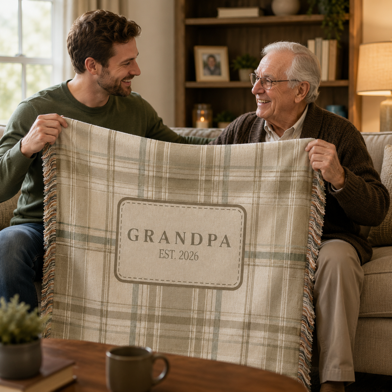 Family gifting a personalized Grandpa plaid woven blanket