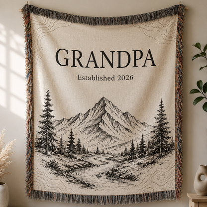 Personalized Grandpa Established 2026 mountain woven blanket hanging display