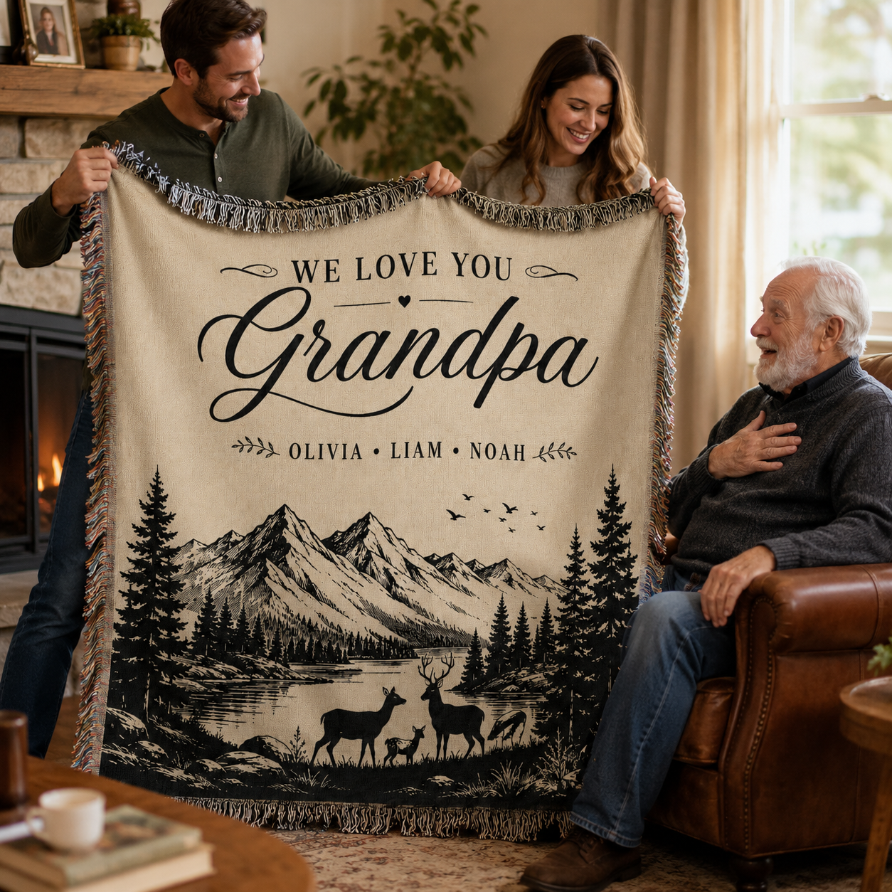 Family gifting Grandpa a personalized mountain woven blanket