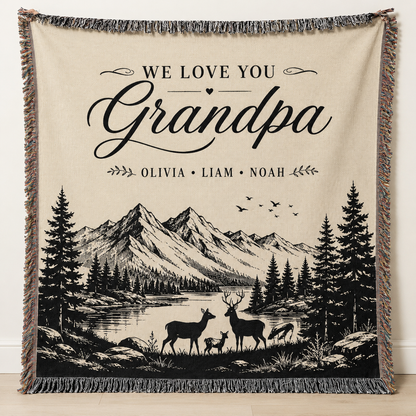 Personalized Grandpa mountain woven blanket with grandkids names