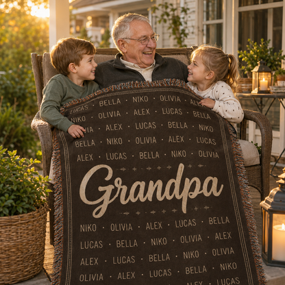 Grandpa enjoying a personalized name pattern woven blanket with grandchildren on a warm porch