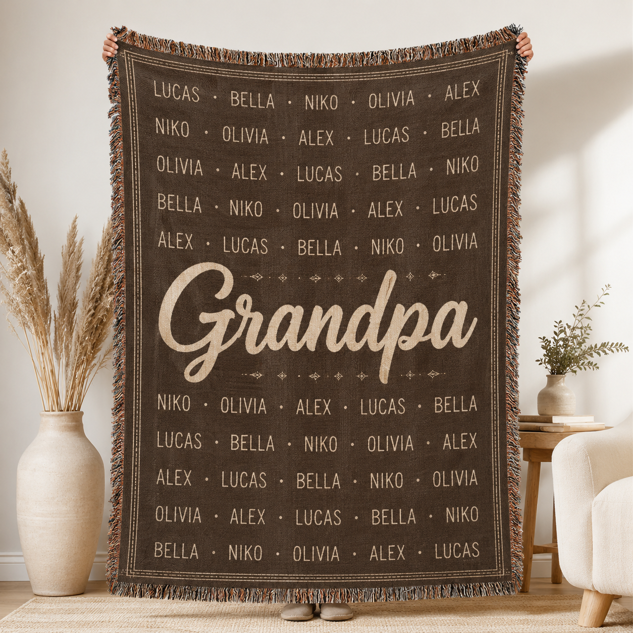 Personalized Grandpa woven blanket with repeating grandkids names and large custom family title