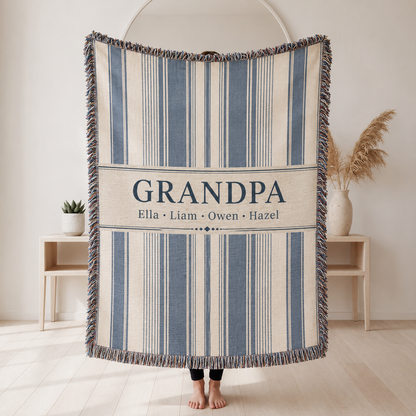 Personalized Grandpa striped woven blanket with custom grandkids names