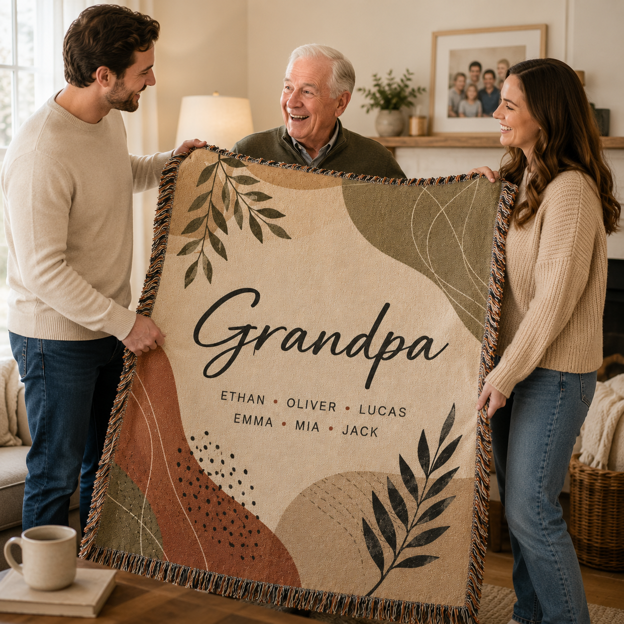 Family presenting a personalized Grandpa woven blanket as a meaningful gift