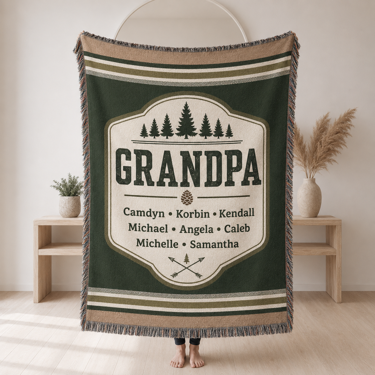 Personalized Grandpa woven blanket with grandkids names and rustic pine badge design
