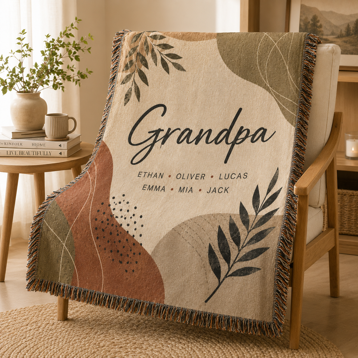 Personalized Grandpa woven blanket displayed in a cozy reading nook