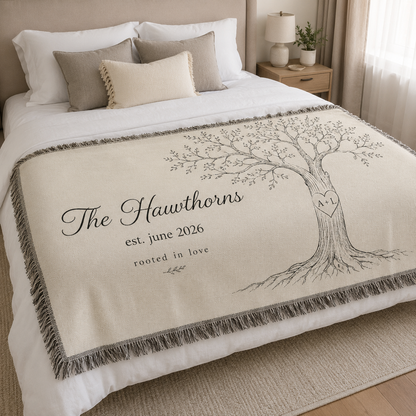 Personalized love tree wedding woven blanket displayed on a neutral bed
