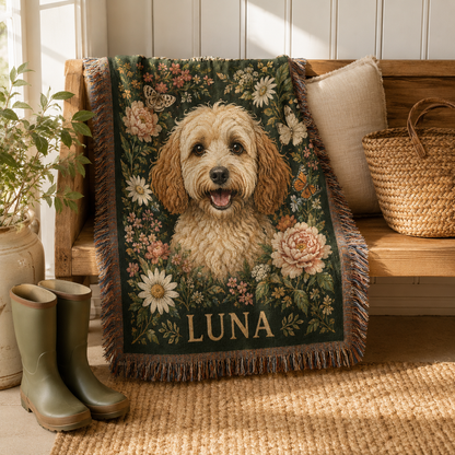 Personalized Luna pet portrait woven blanket on a wooden entryway bench with cozy decor