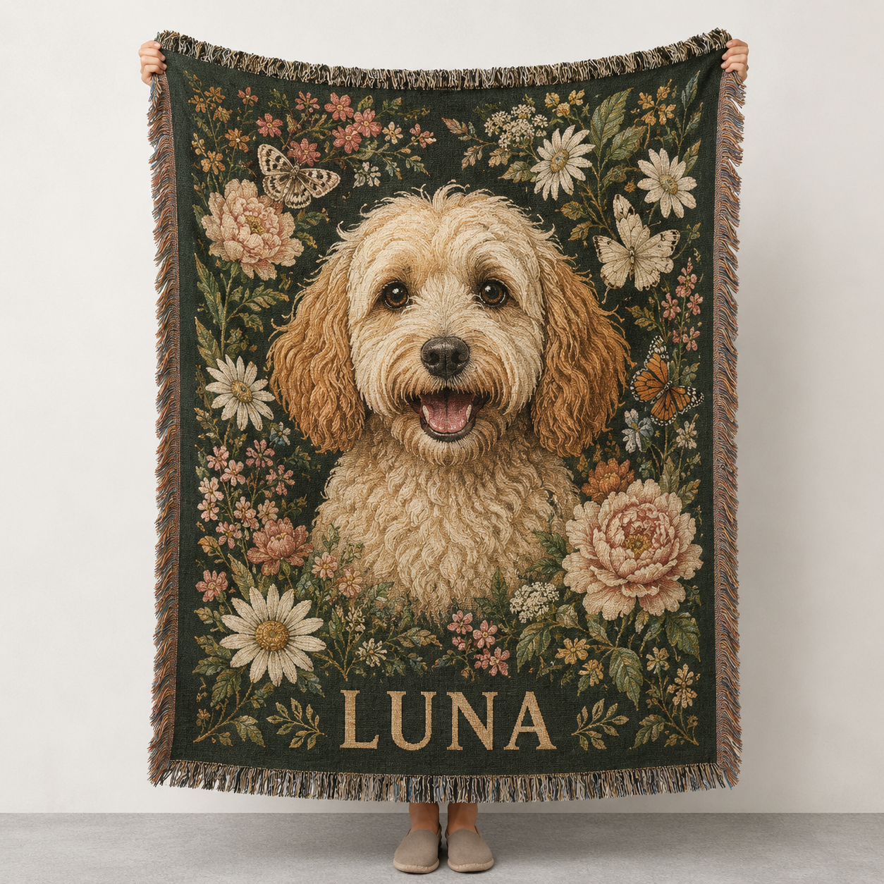 Personalized Luna pet portrait woven blanket with floral dog artwork held in studio