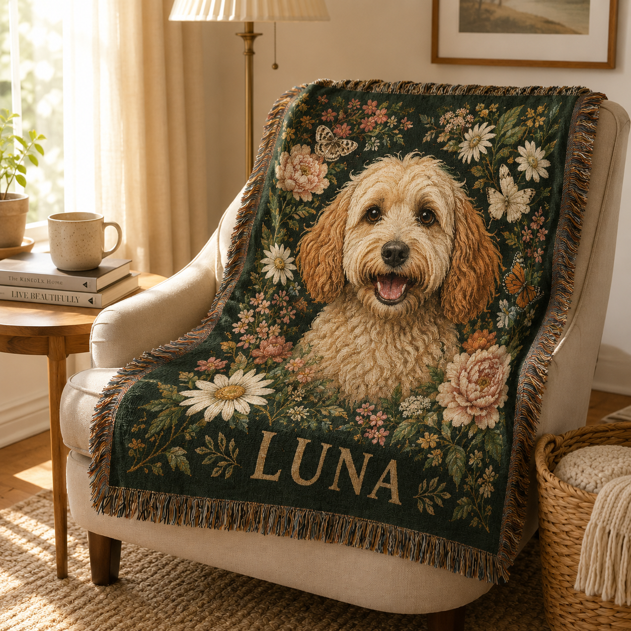 Personalized Luna pet portrait woven blanket draped over a cozy reading chair
