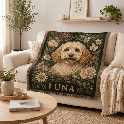 Personalized Luna pet portrait woven blanket draped over a cream sofa in a cozy living room