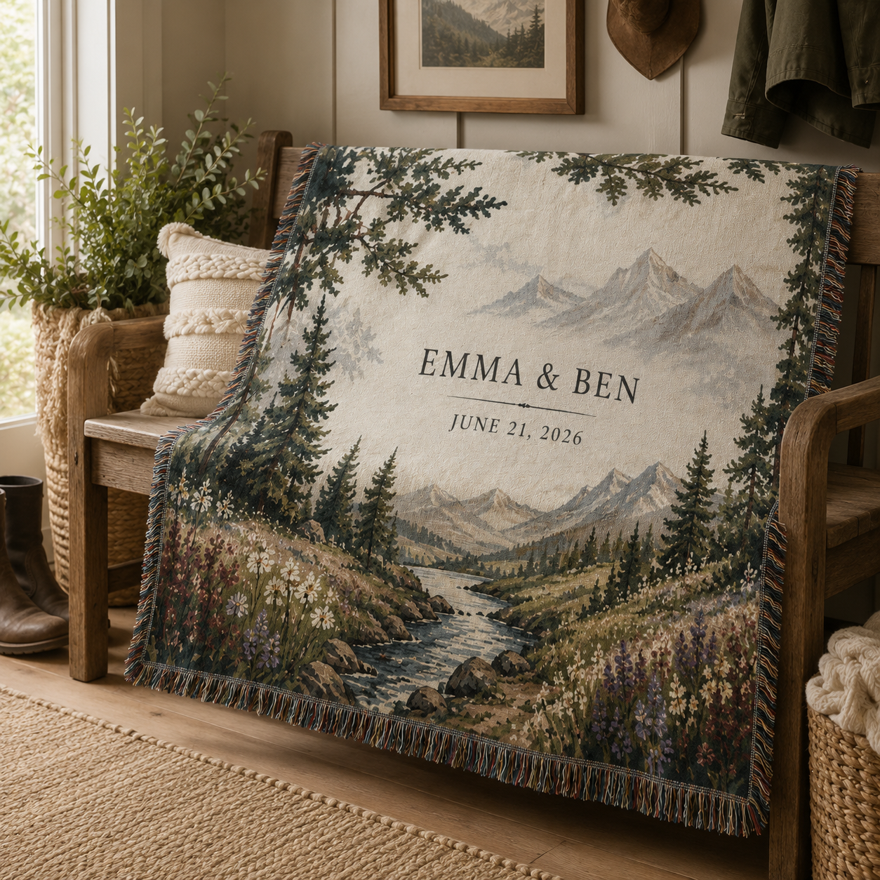 Personalized mountain wedding woven blanket draped on a rustic wooden entry bench