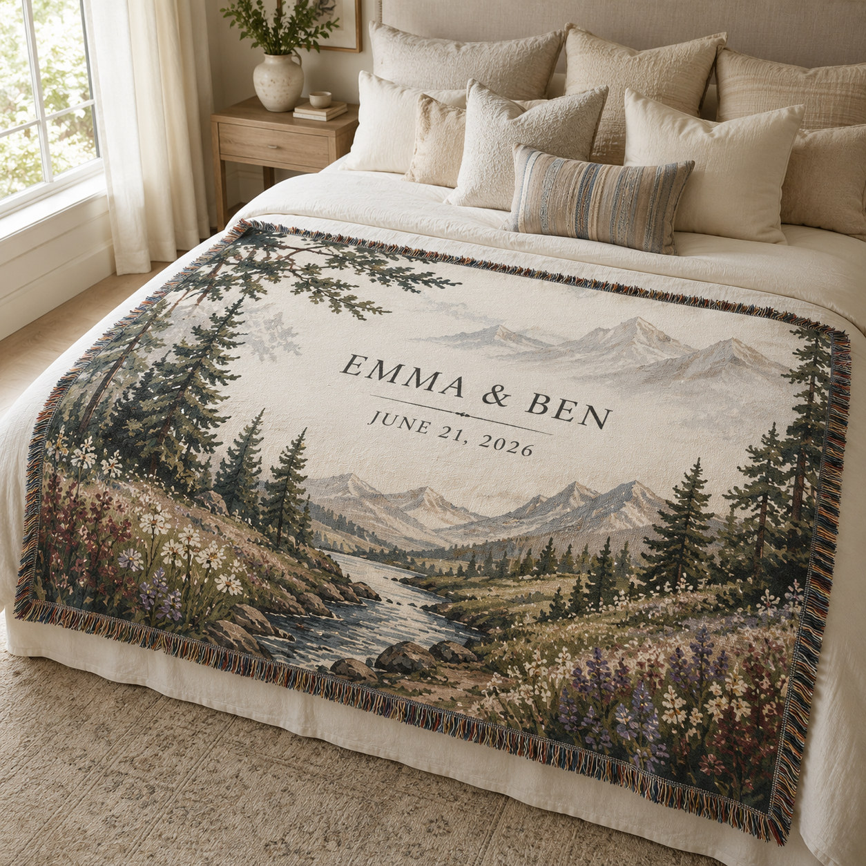 Personalized mountain wedding woven blanket with Emma and Ben date styled on a neutral bed