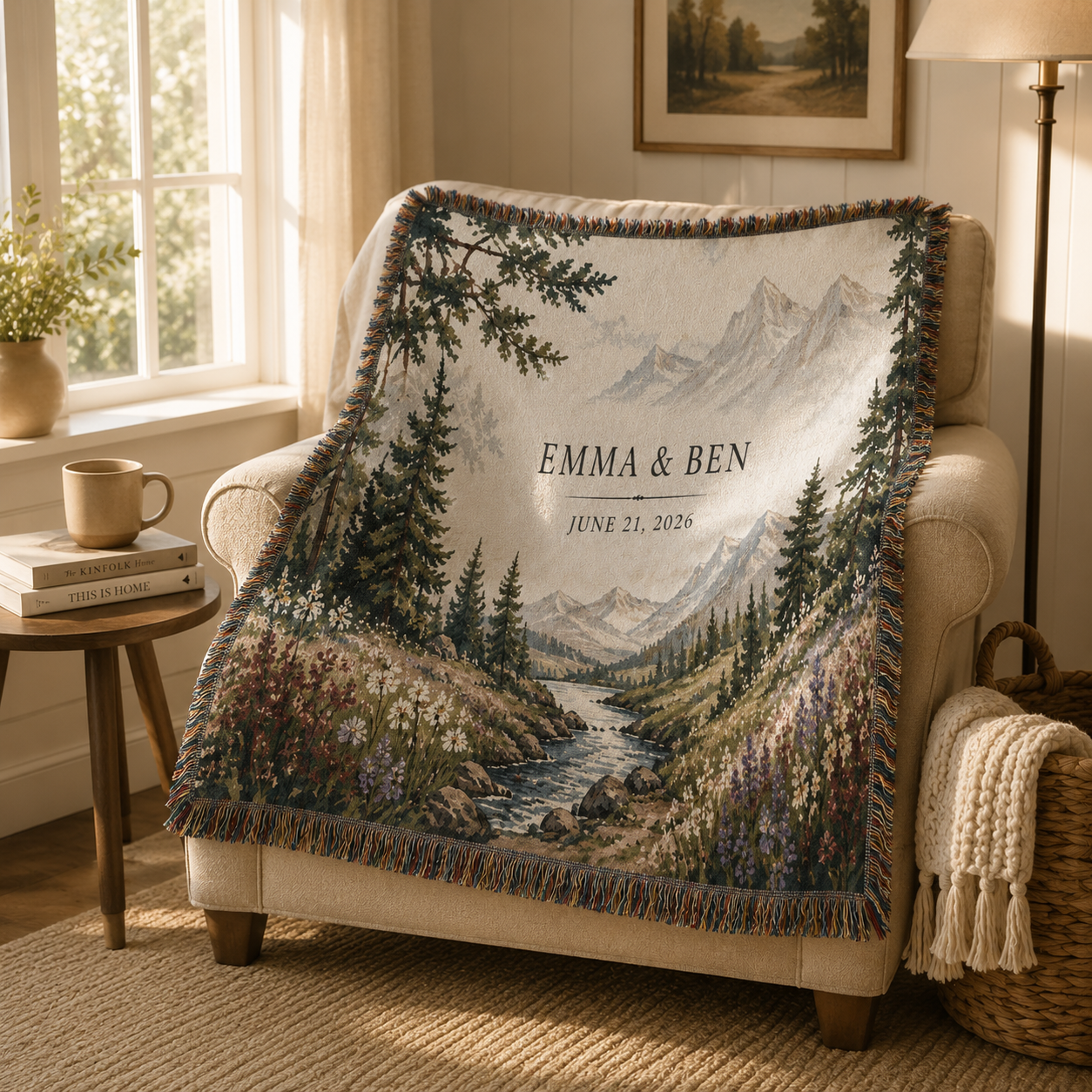 Personalized mountain wedding woven blanket draped over a cozy reading chair
