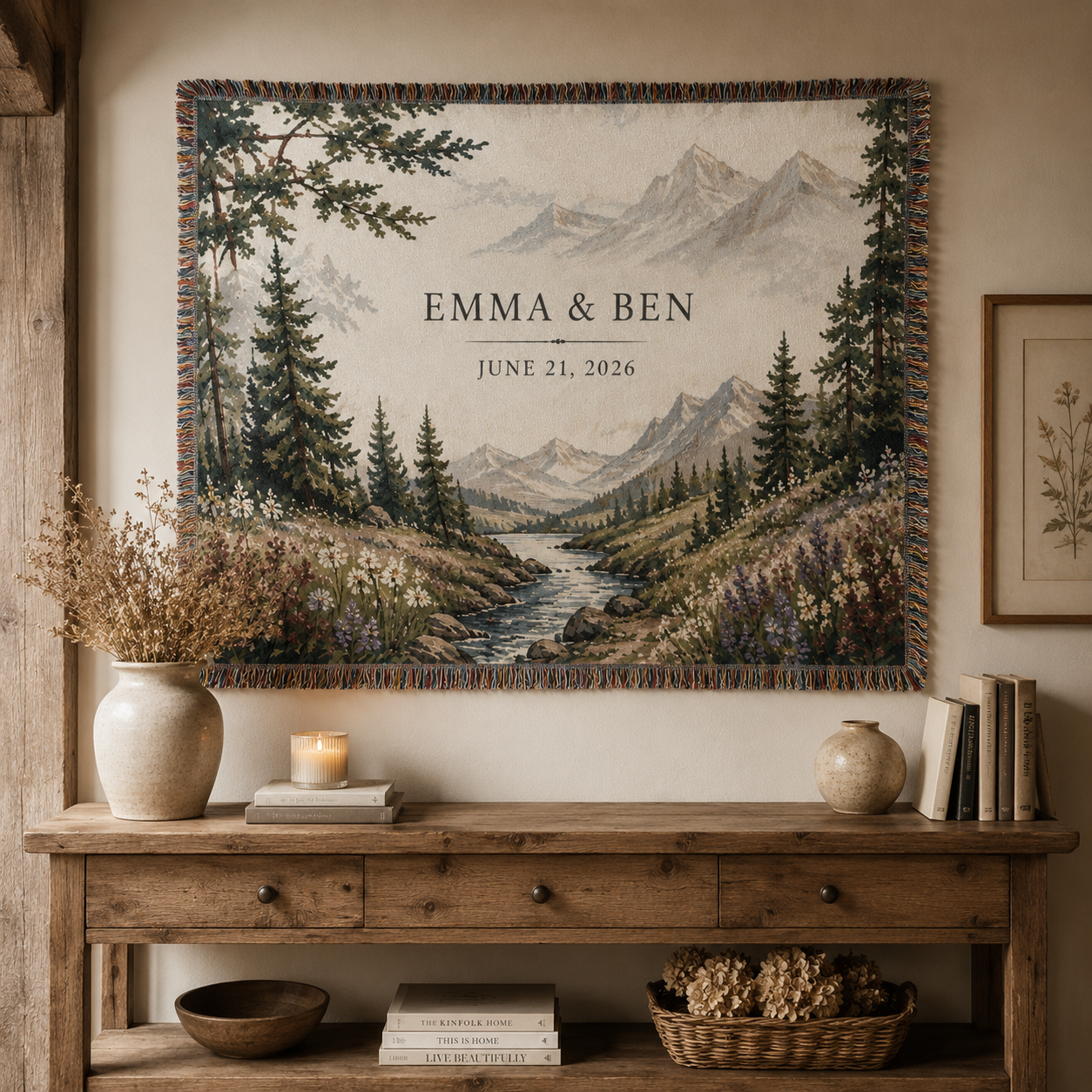 Personalized mountain wedding woven blanket displayed as wall decor above a rustic console