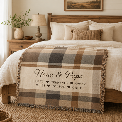 Personalized Nana and Papa plaid woven blanket styled on a cozy farmhouse bed