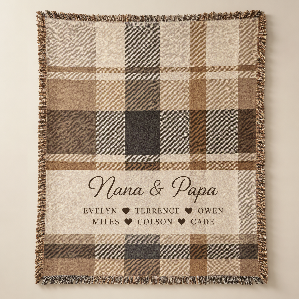 Personalized Nana and Papa plaid woven blanket with custom grandkids names