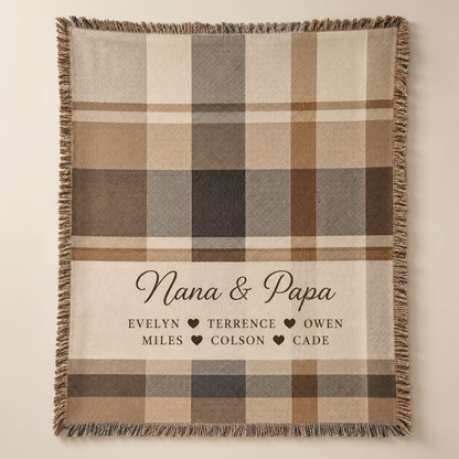 Personalized Nana and Papa plaid woven blanket with custom grandkids names