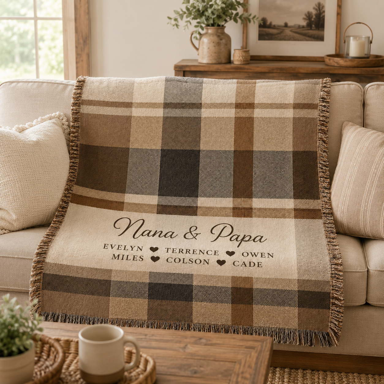 Personalized Nana and Papa plaid woven blanket styled on a neutral living room sofa