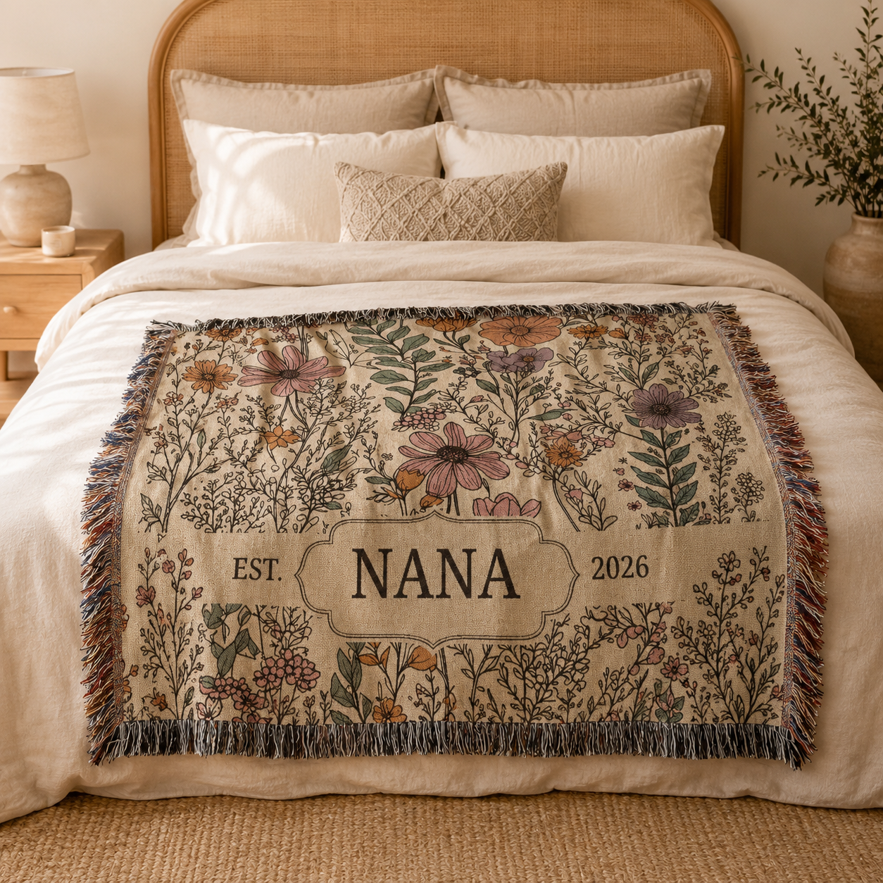 Personalized Nana wildflower woven blanket displayed on a warm neutral bedroom bed