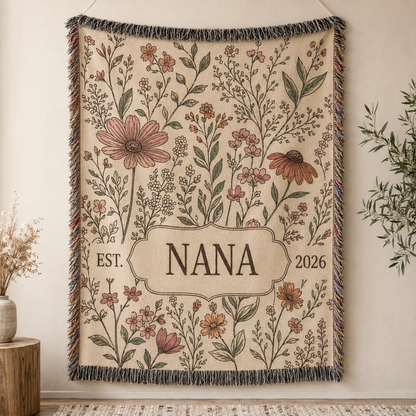 Personalized Nana wildflower woven blanket with custom family title and established year