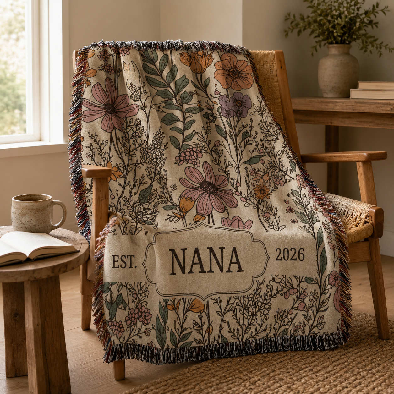 Personalized Nana wildflower woven blanket draped over a cozy wooden reading chair