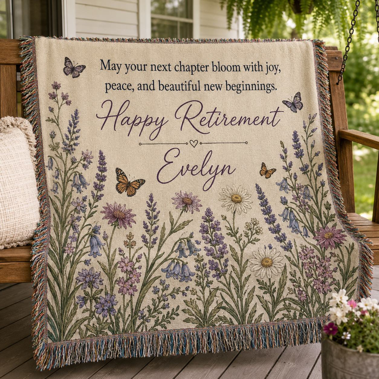 Personalized retirement floral woven blanket full design view