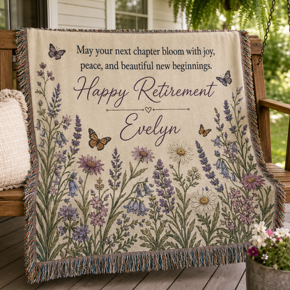 Personalized retirement floral woven blanket full design view