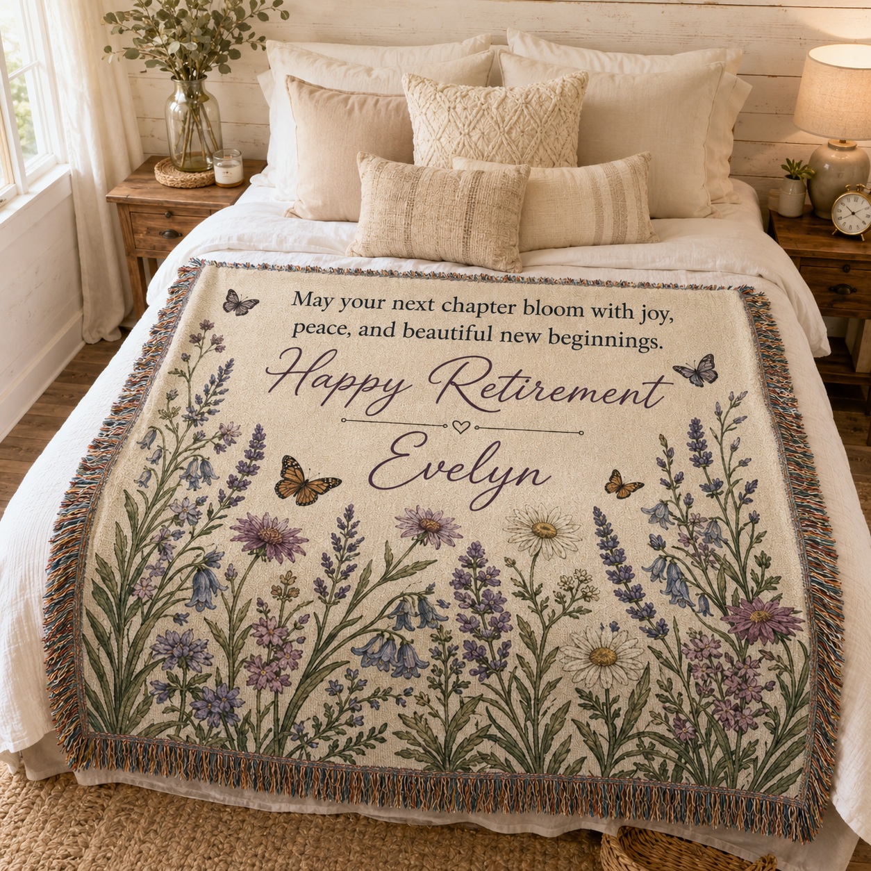 Personalized retirement floral woven blanket styled on a bright bedroom bed