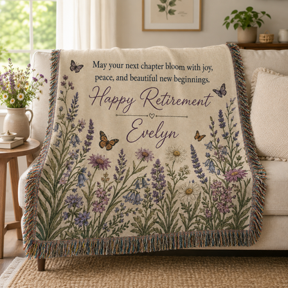 Personalized retirement floral woven blanket styled on a cozy sofa