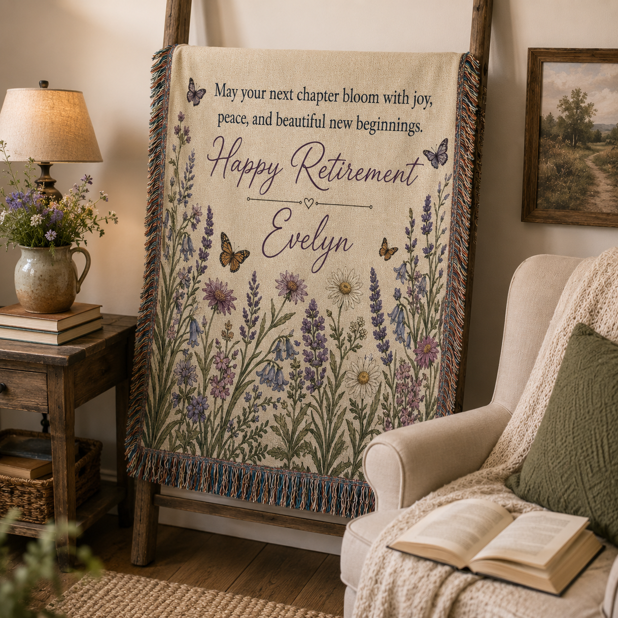 Personalized retirement floral woven blanket displayed on a wooden ladder