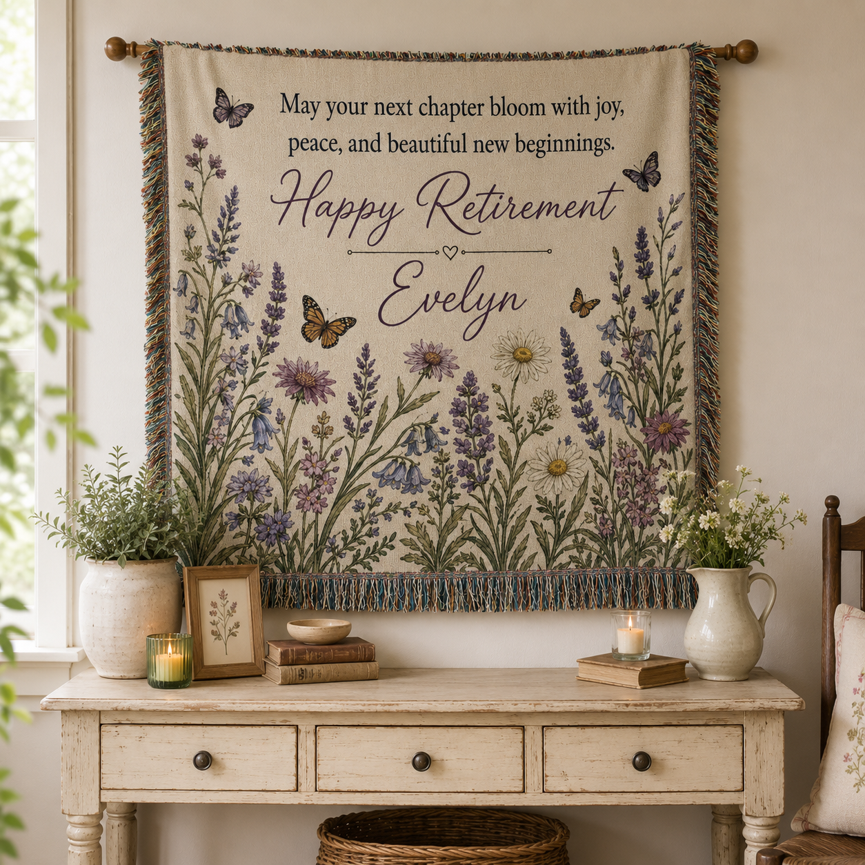 Personalized retirement floral woven blanket displayed as wall decor